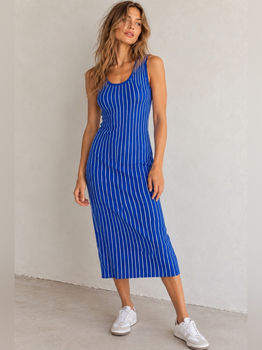 Jason Wu Blue Knit Midi Dress Size S Sleeveless Striped Bodycon Stretch RTW